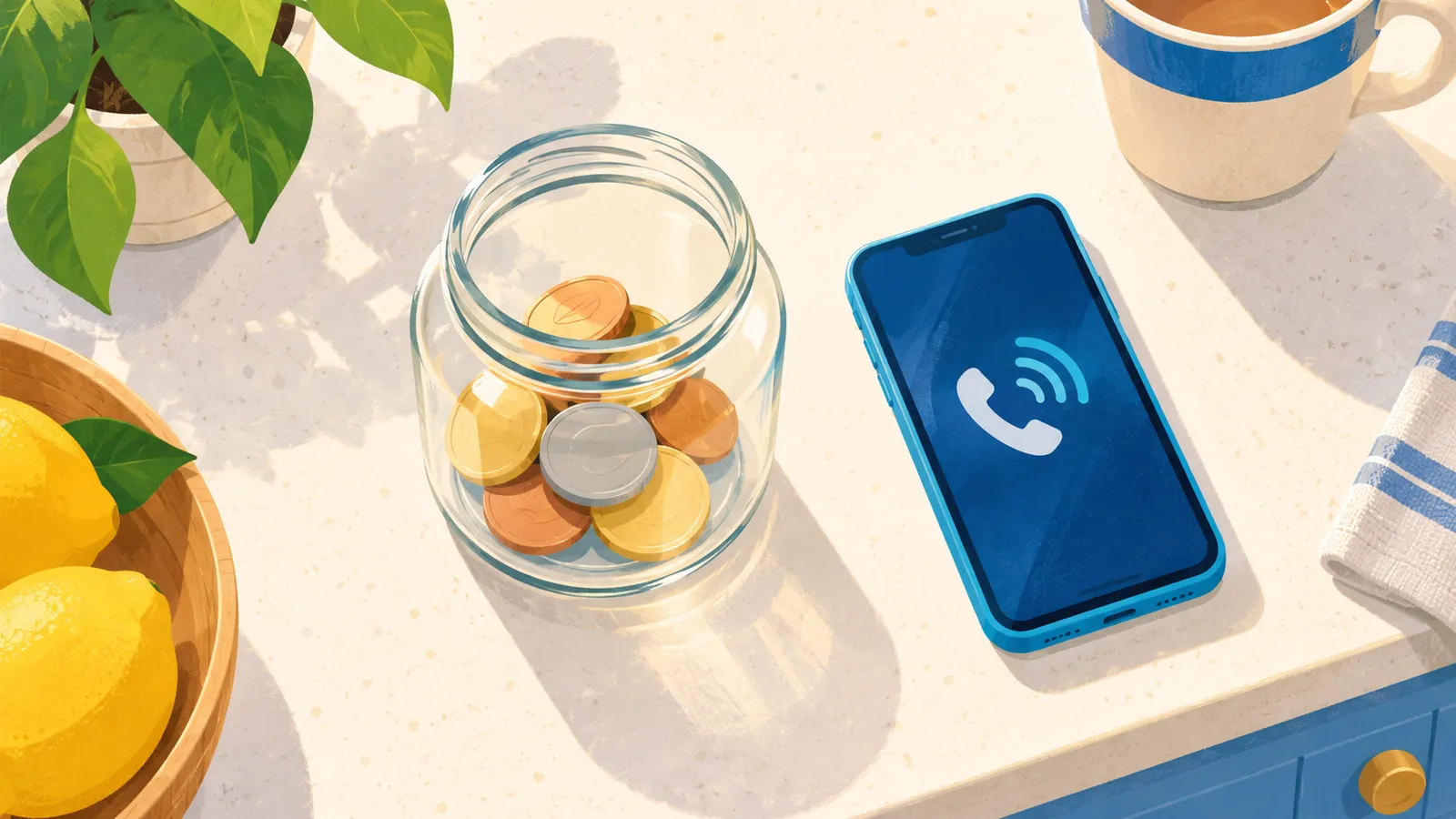 A jar of coins and a phone sit on a kitchen counter.