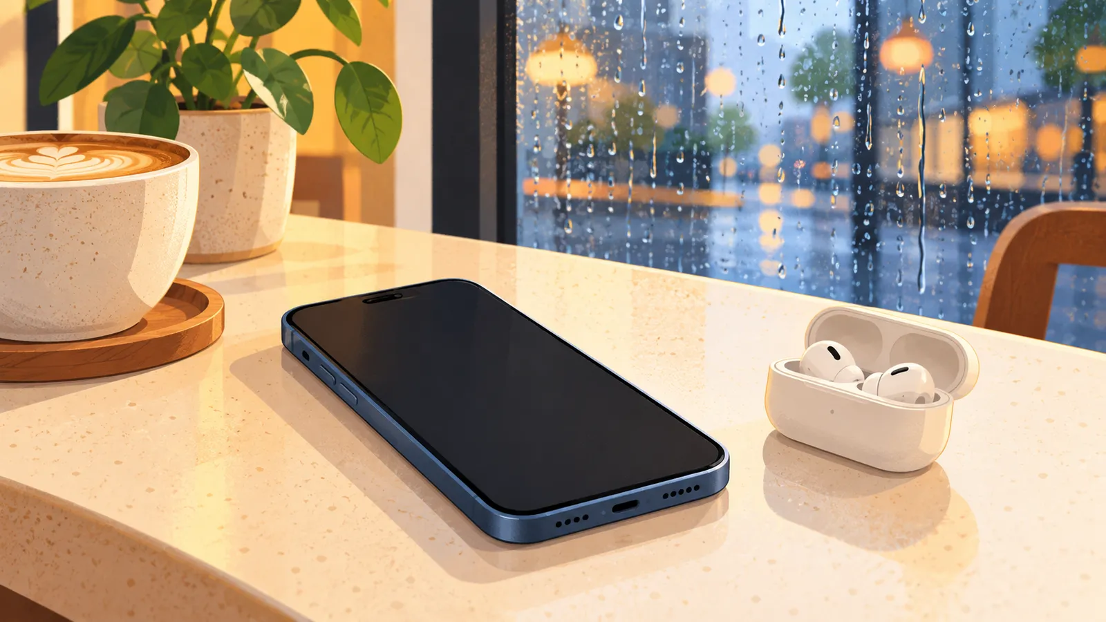 A phone and wireless earbuds sit on a café counter by a rainy window.