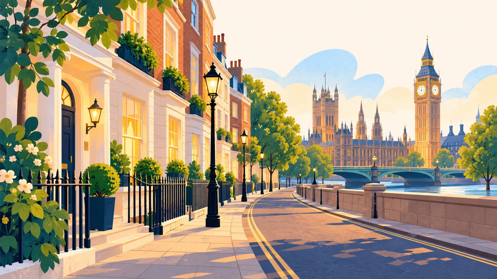 A London street runs beside the Thames toward the Houses of Parliament.