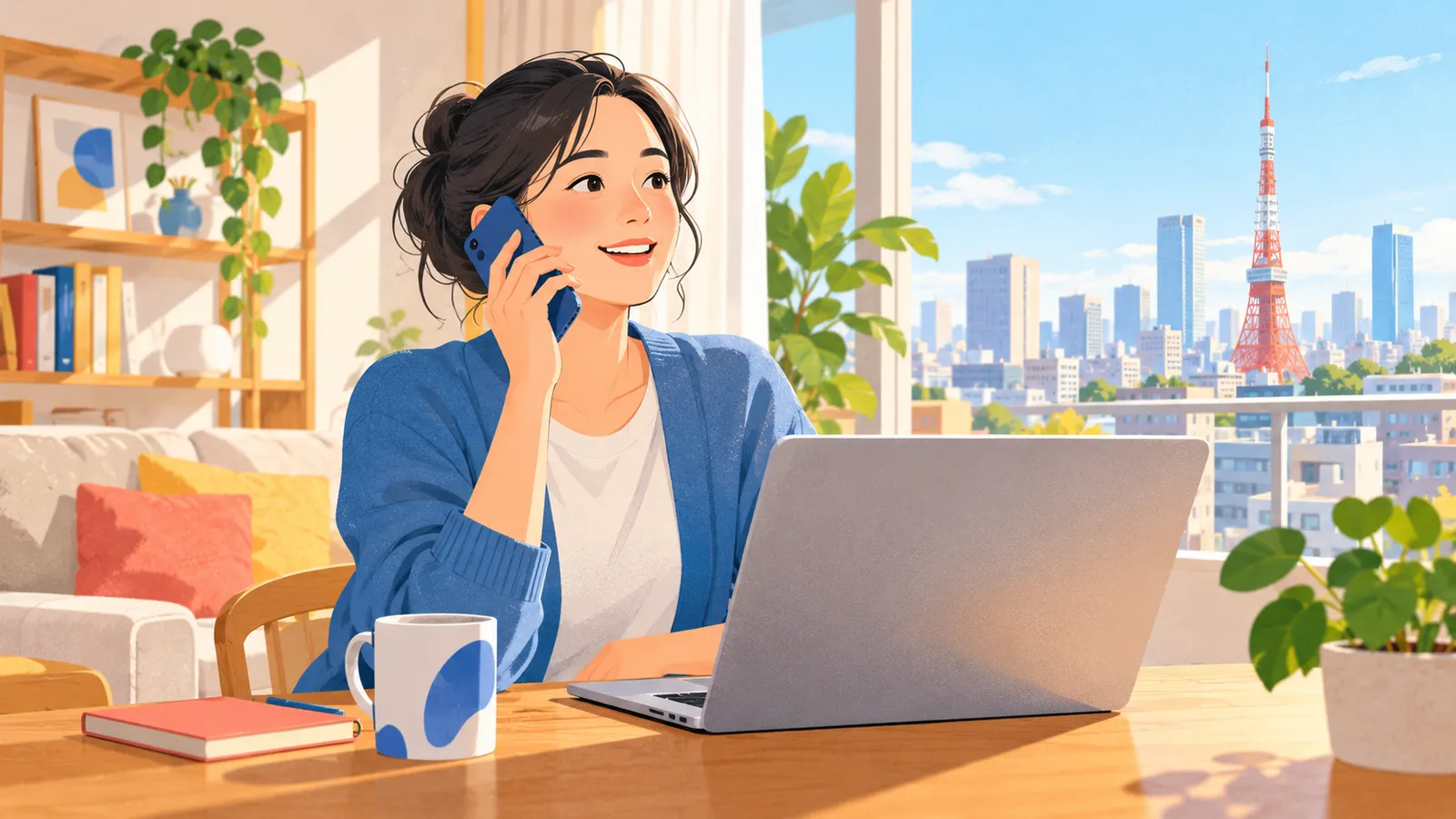 A woman talks on her phone beside a laptop in a Tokyo apartment.