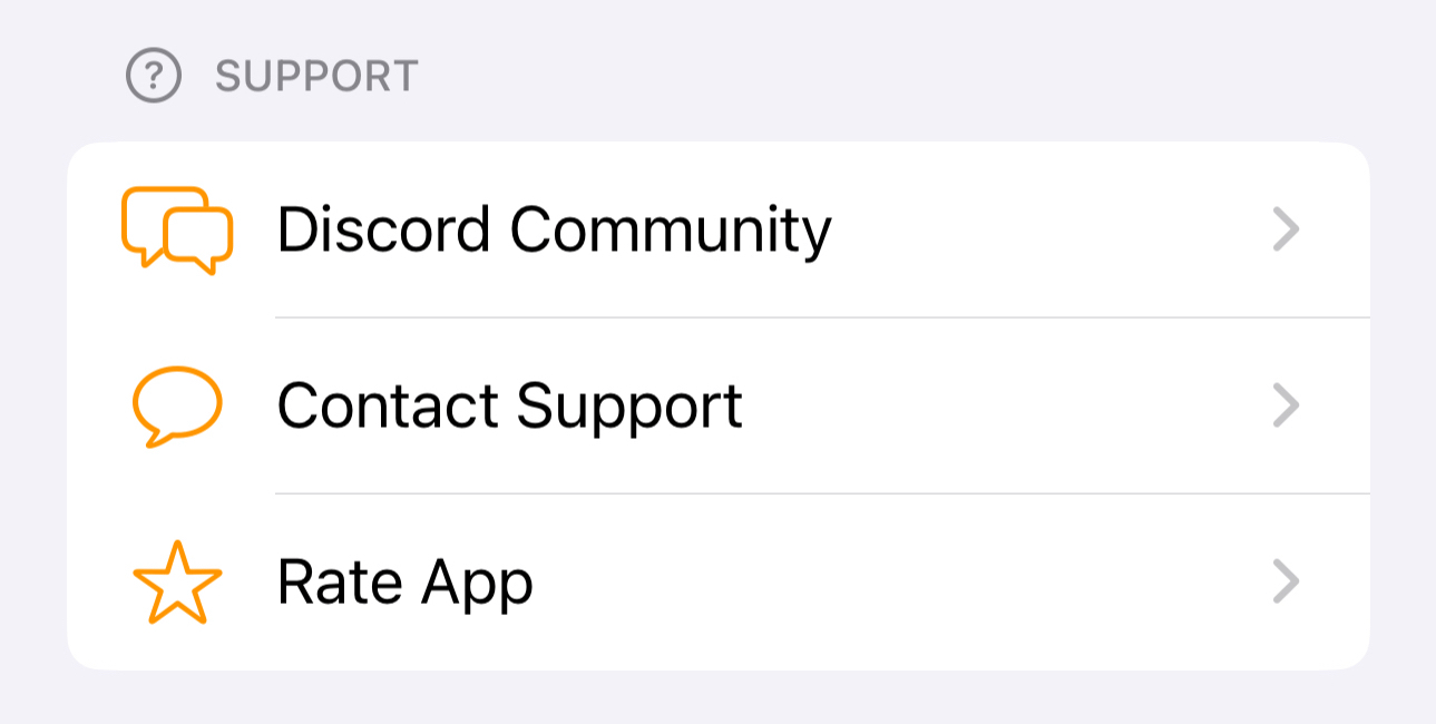 The app’s support menu offers Discord, contact support and app rating.